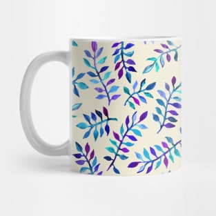 Hand Painted Purple & Aqua Leaf Pattern on Cream Mug